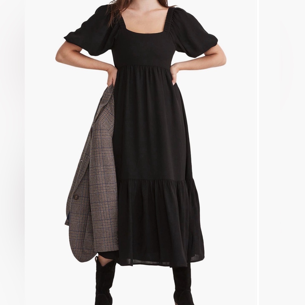 Madewell Crinkled Tie Back Midi Black Dress